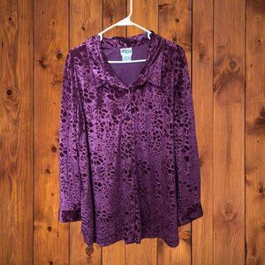 Collections Etc Velvet Burnout Button Front Blouse VTG Women's XXL Long Sleeve